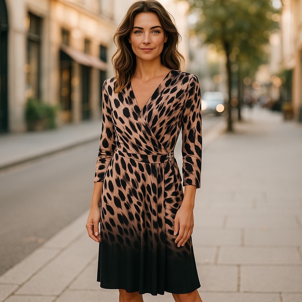 Jennifer Lopez Women’s Brown Ombre Animal Print Dress Size XL Fake Wrap
